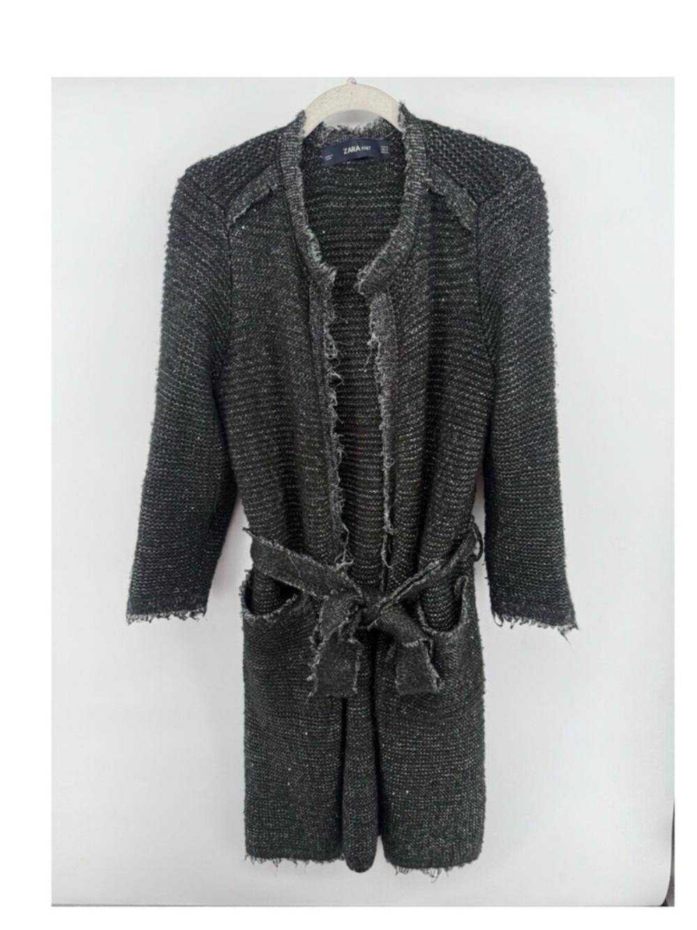 Zara Charcoal Black Frayed Knit Long Cardigan with Belt